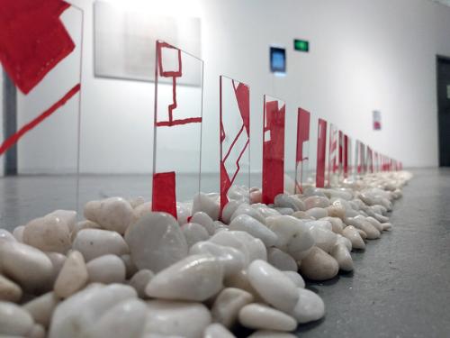 Redline 2019- 2022glass, ink, stone. (1.3 x 3.0 x 4.0m)  